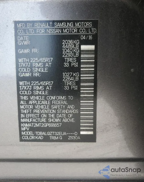 2016 Nissan Rogue S из США, поврежденный, VIN KNMAT2MT2GP691657